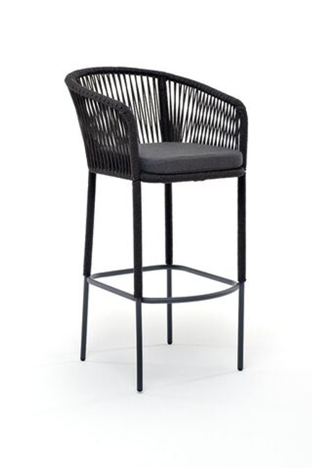 "Марсель" стул барный плетеный из роупа, каркас из стали серый (RAL7022) муар, роуп темно-серый круглый, ткань темно-серая 027