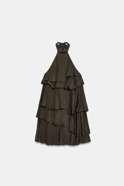 ZARA КОРОТКОЕ ПЛАТЬЕ С ВОЛАНАМИ, КОРИЧНЕВЫЙ
