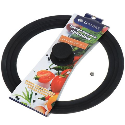 Крышка для посуды стекло, 28 см, Daniks, кноп бакелит,силикон, чер, 24,26,28см,с силикон ручк,ободом