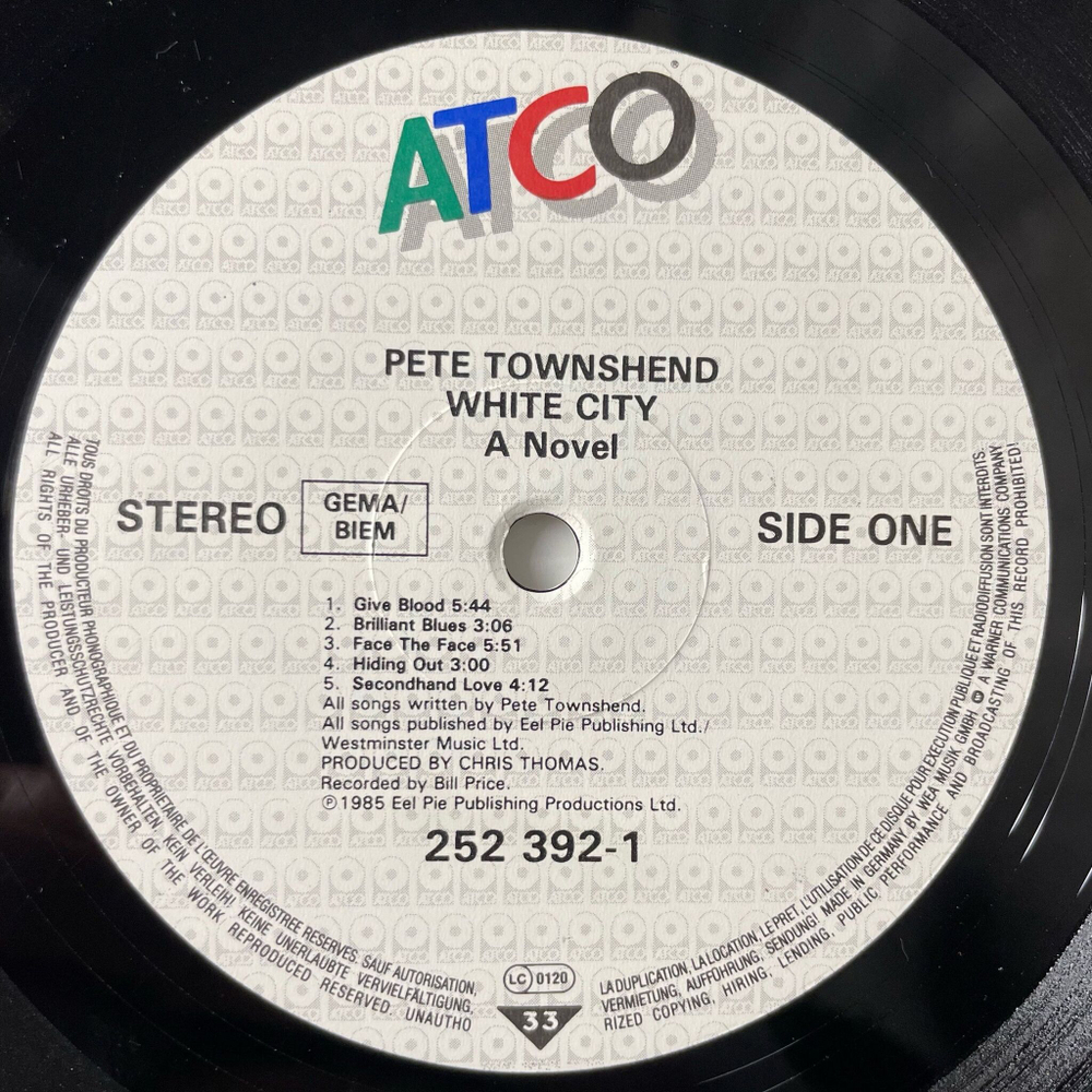 Винтажная виниловая пластинка LP Pete Townshend White City (A Novel) (Germany 1985)