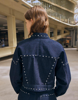 BERSHKA Укороченная джинсовая куртка с заклепками, темно-синий