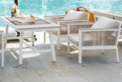 "Сан Ремо" кресло плетеное из роупа садовое, каркас алюминий белый, роуп бежевый, ткань бежевая