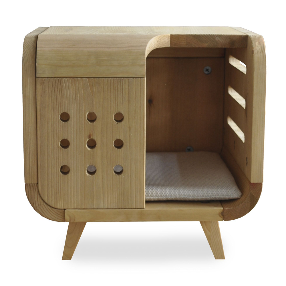 Домик лежанка для кошек и собак мелких пород Вальди 36х33 из массива сосны с подушкой, прочный лежак для кошек и собак на ножках