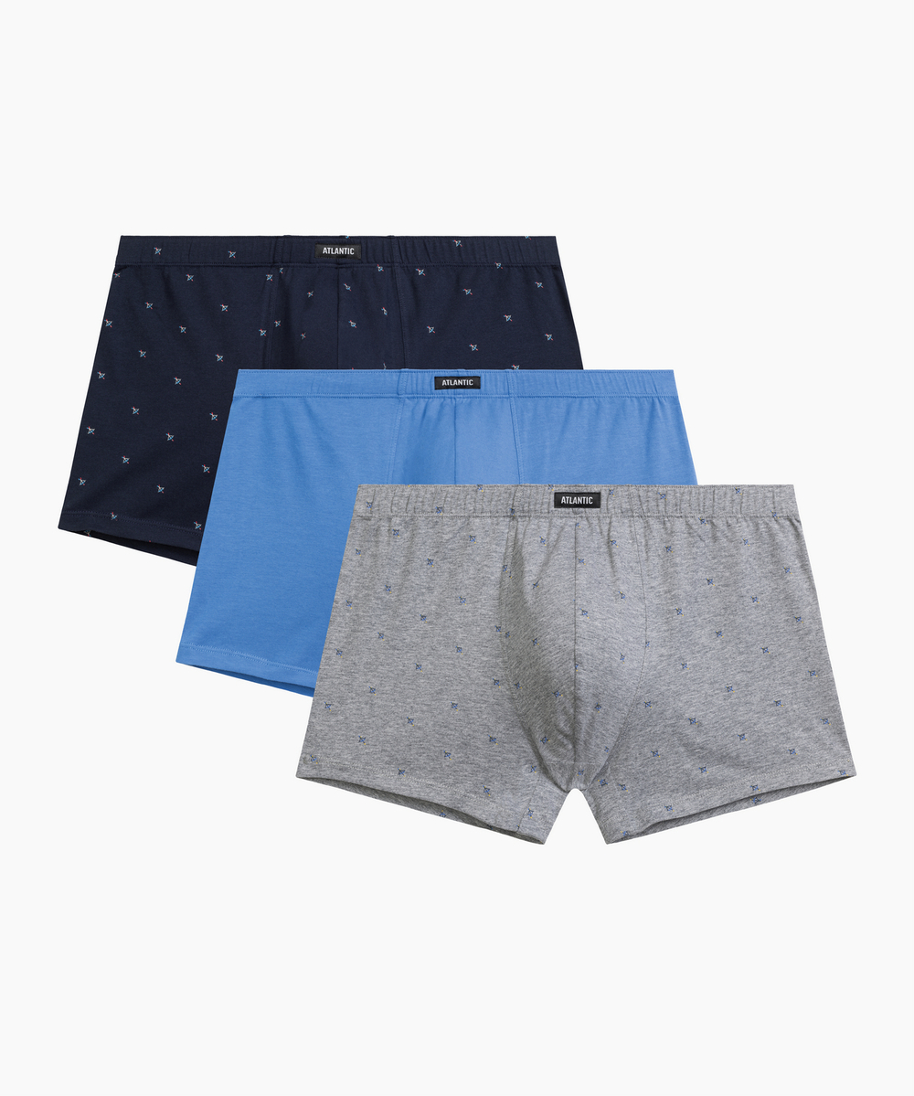 Мужские трусы шорты Atlantic, набор из 3 шт., хлопок, серый меланж + голубые + темно-синие, 3MH-209
