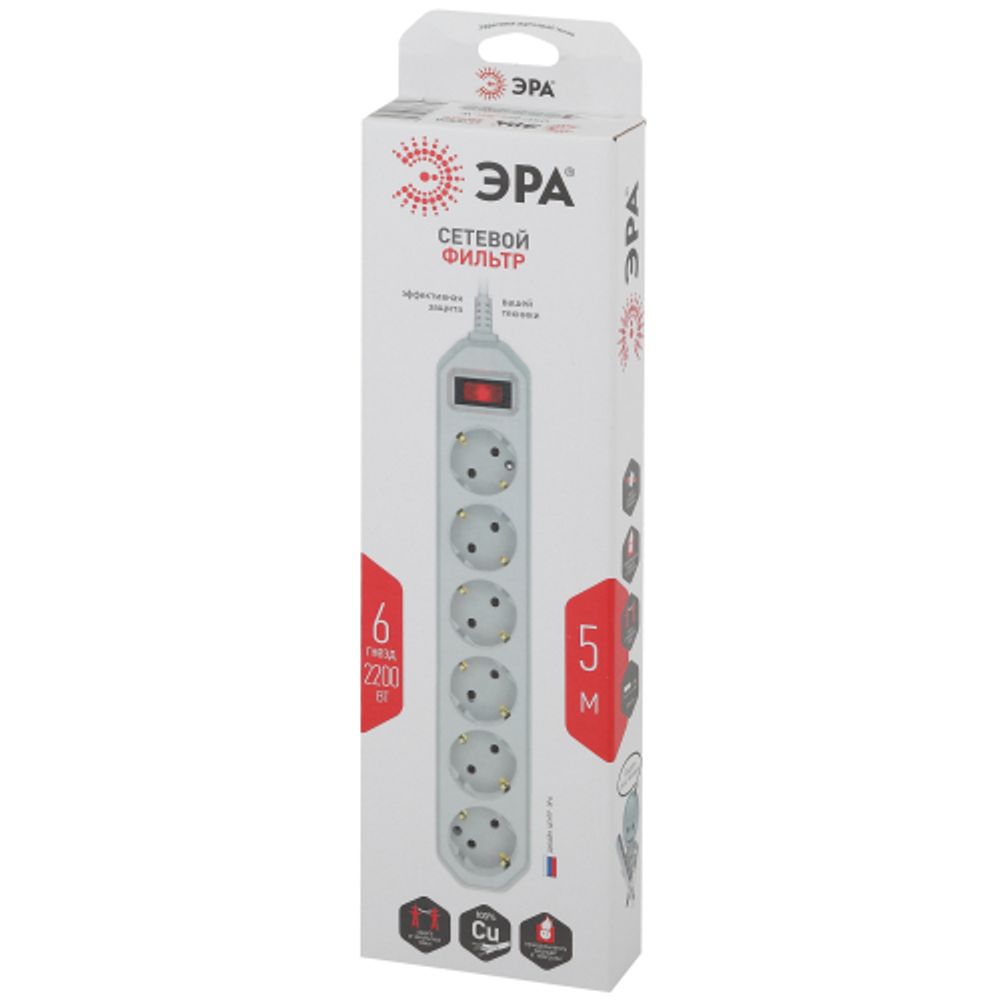 Сетевой фильтр ЭРА USF-6es-5m-W с базовой защитой с заземлением с выключателем 6 розеток 5м 10А белый | Сетевые фильтры