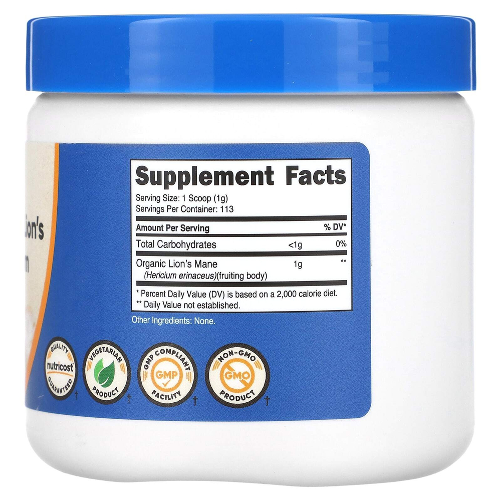 Nutricost, 100% органический гриб львиная грива, без добавок, 113 г (4 унции)