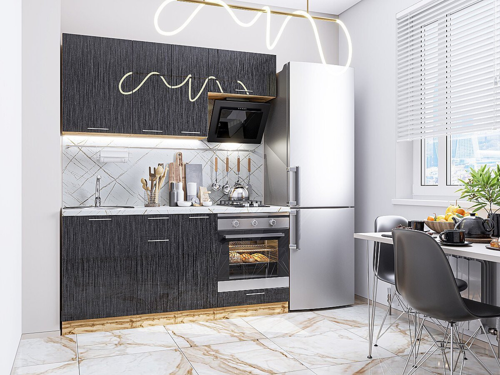 Прямая модульная кухня Валерия-М-06 Черный металлик дождь - Дуб Вотан 2140*1700*600