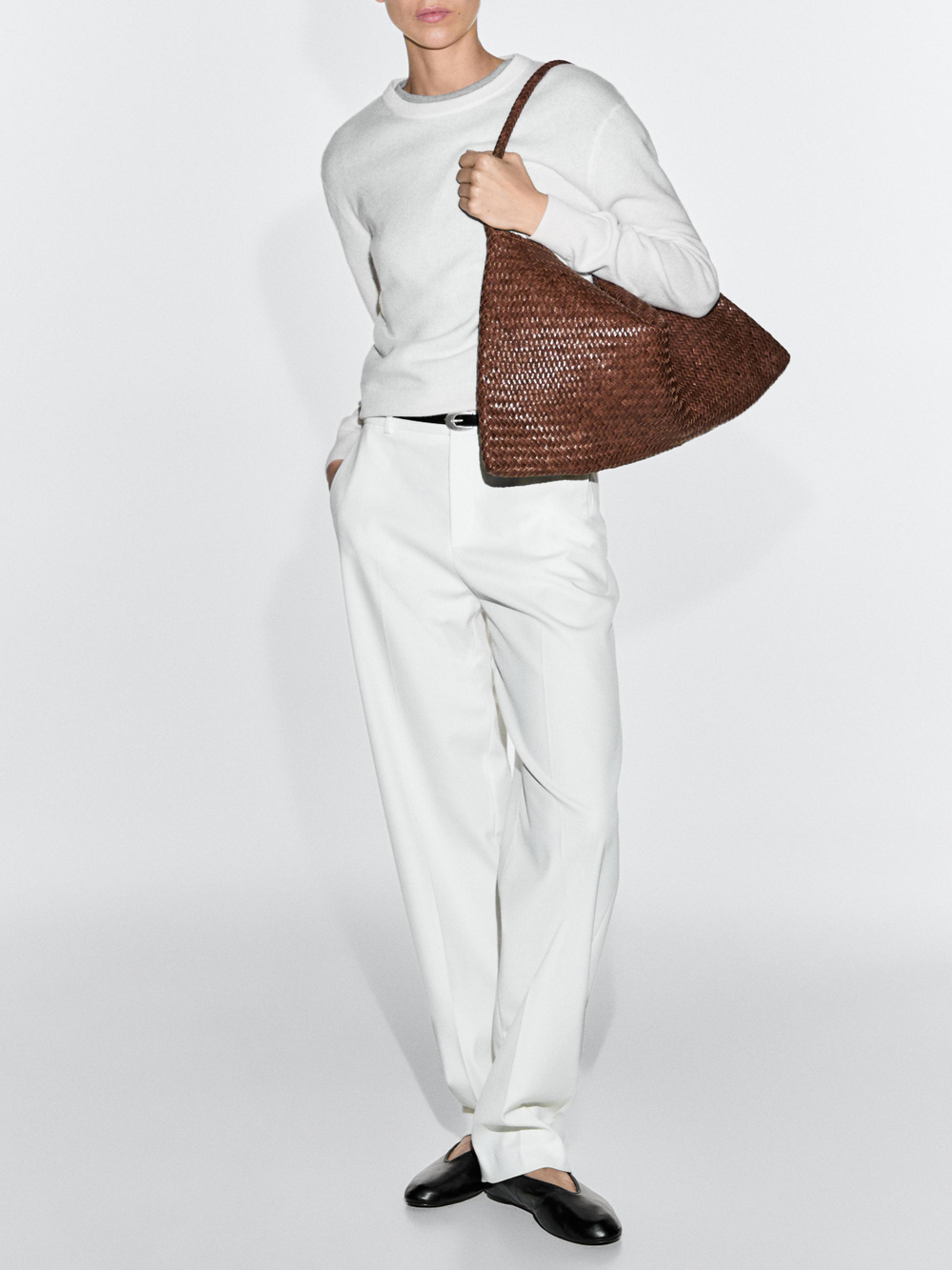 Massimo Dutti Большая плетеная сумка-саквояж из кожи наппа, коричневый