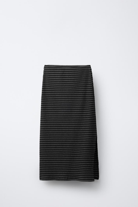 ZARA ЮБКА МИДИ С ТЕКСТУРОЙ В ПОЛОСКУ, ЧЕРНЫЙ