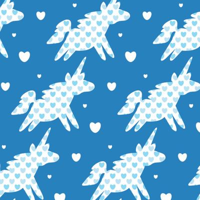 Купить детскую ткань единороги и голубые сердечки для мальчиков. Fabric print Blue unicorns hearts.