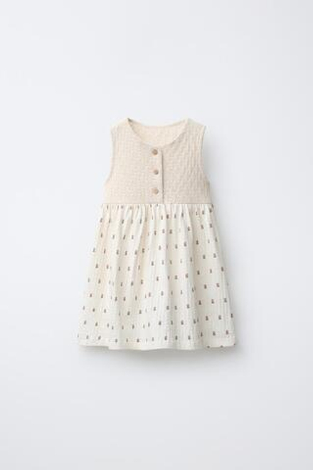 ZARA КОМБИНИРОВАННОЕ ПЛАТЬЕ С ЦВЕТОЧНЫМ ПРИНТОМ, ЭКРЮ