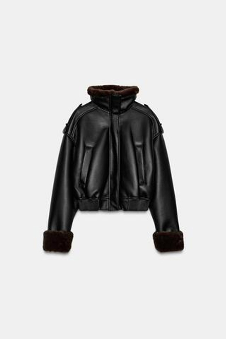 ZARA ДУБЛЕНКА-БОМБЕР ИЗ ИСКУССТВЕННОЙ КОЖИ, ЧЕРНЫЙ