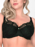 Бюстгальтер с чашкой на тонком поролоне и изысканной зелёной вышивкой (Размер: 90F) (Цвет: черный)