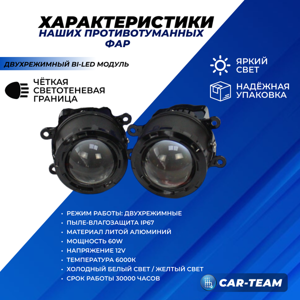 Противотуманные фары (ПТФ) "ZMB" WD-025 лазерные с Bi-LED модулем на Лада Веста, Гранта FL, Нива Урбан, X-Ray, Renault, Nissan, Ford, Opel, Mitsubishi - желтый/белый свет