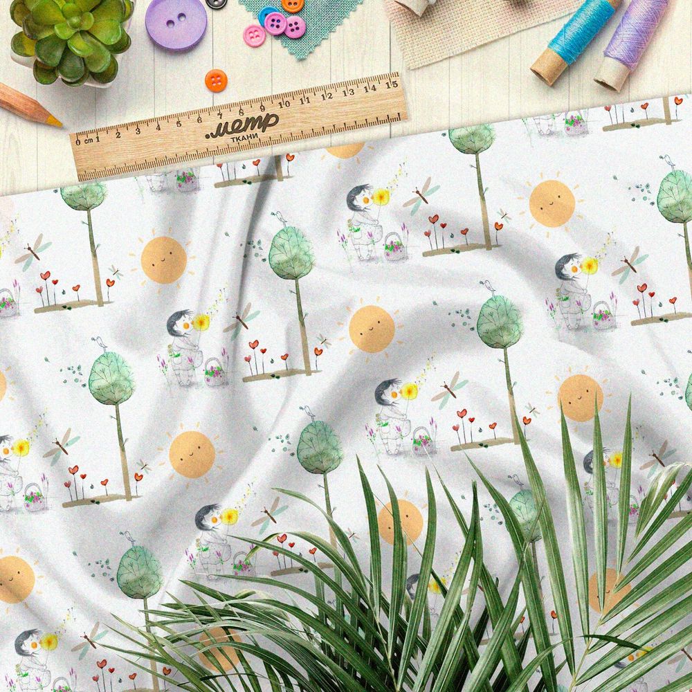 Ткань мембрана солнце и девочка в лесу с одуванчиком