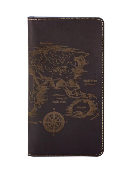 Фото функционального кошелька Карта мира из синей кожи, вид фасад.