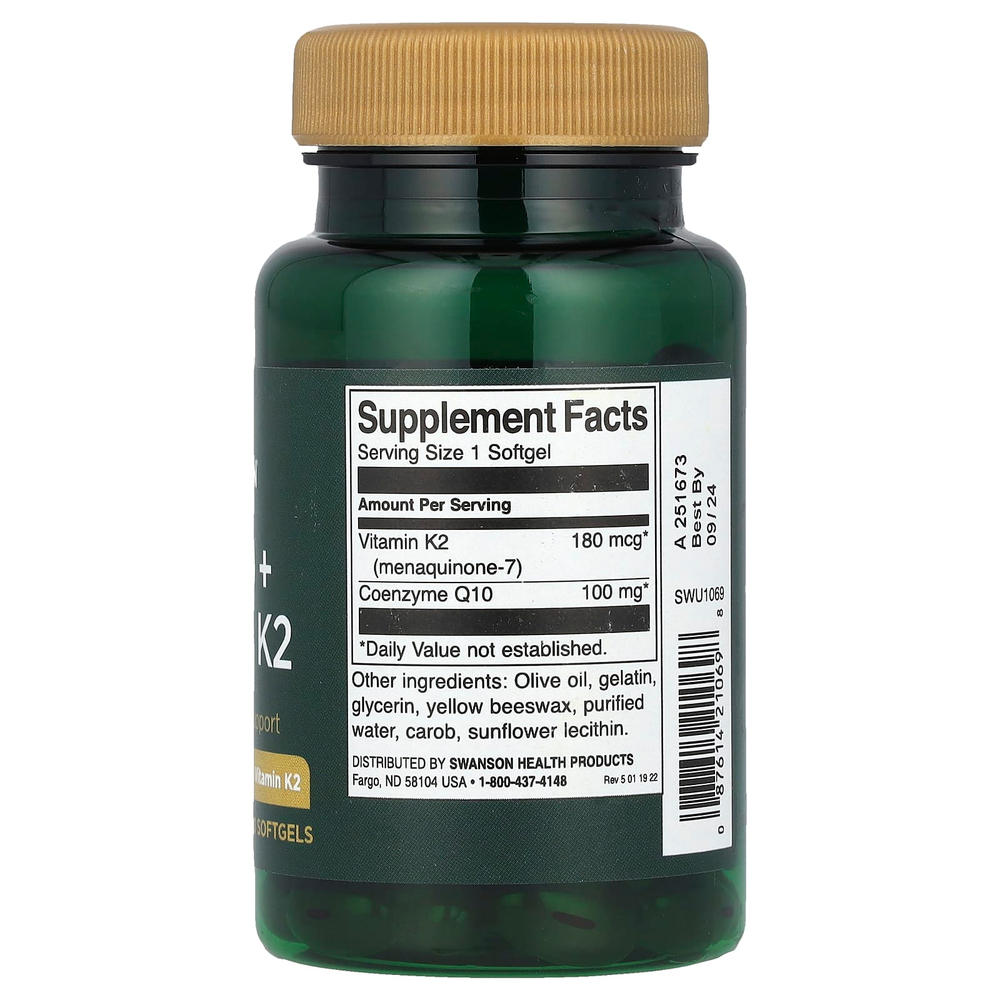 Swanson Vitamins, Коэнзим Q10 + витамин K2, 60 мягких таблеток