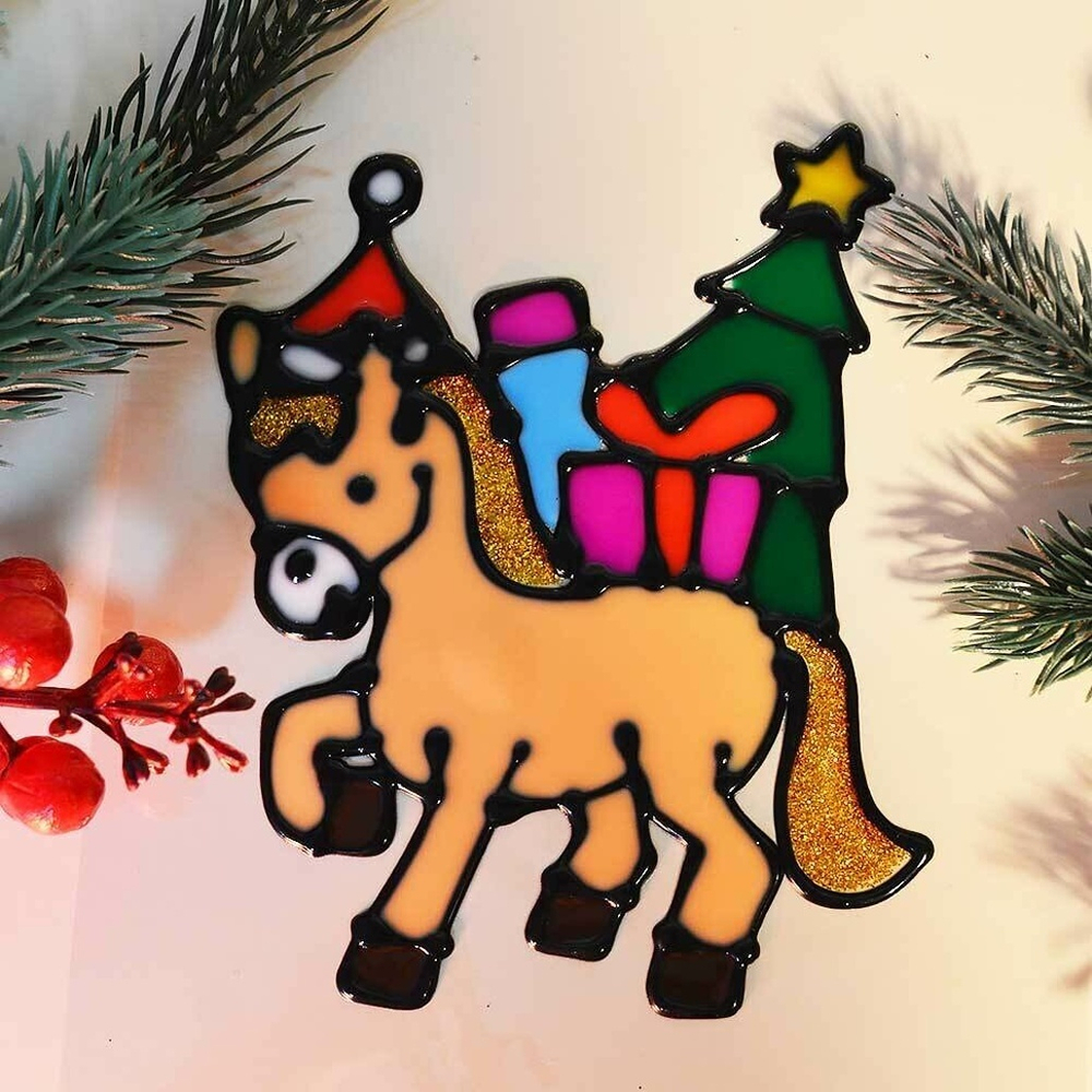 Наклейка на стекло "Лошадка с елкой и подарками" 15*20см