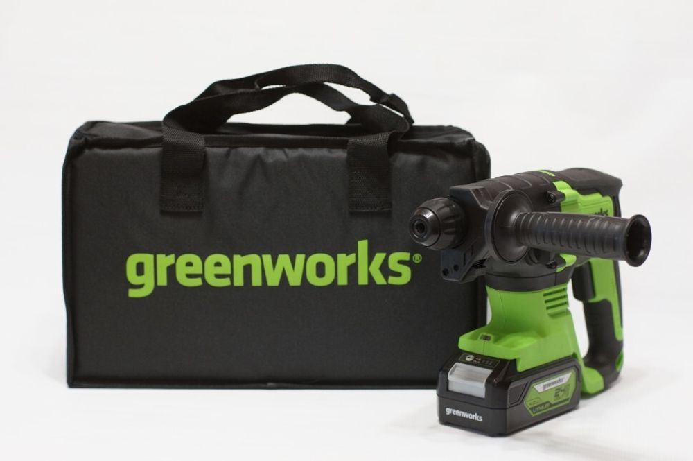 Аккумуляторный перфоратор Greenworks GD24SDS2, 3803007UB,24v, 2 Дж, АКБ 4 А·ч и ЗУ в сумке