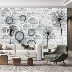Фотообои на стену антивандальные 400х250см Одуванчики на кирпичной стене 3D винил на флизелине зеркальные