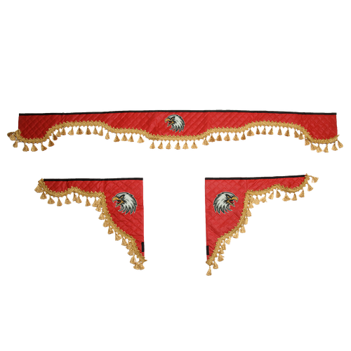 Ламбрекен с косынками универсальные стеганые Орел (экокожа, красный, золотые кисточки)