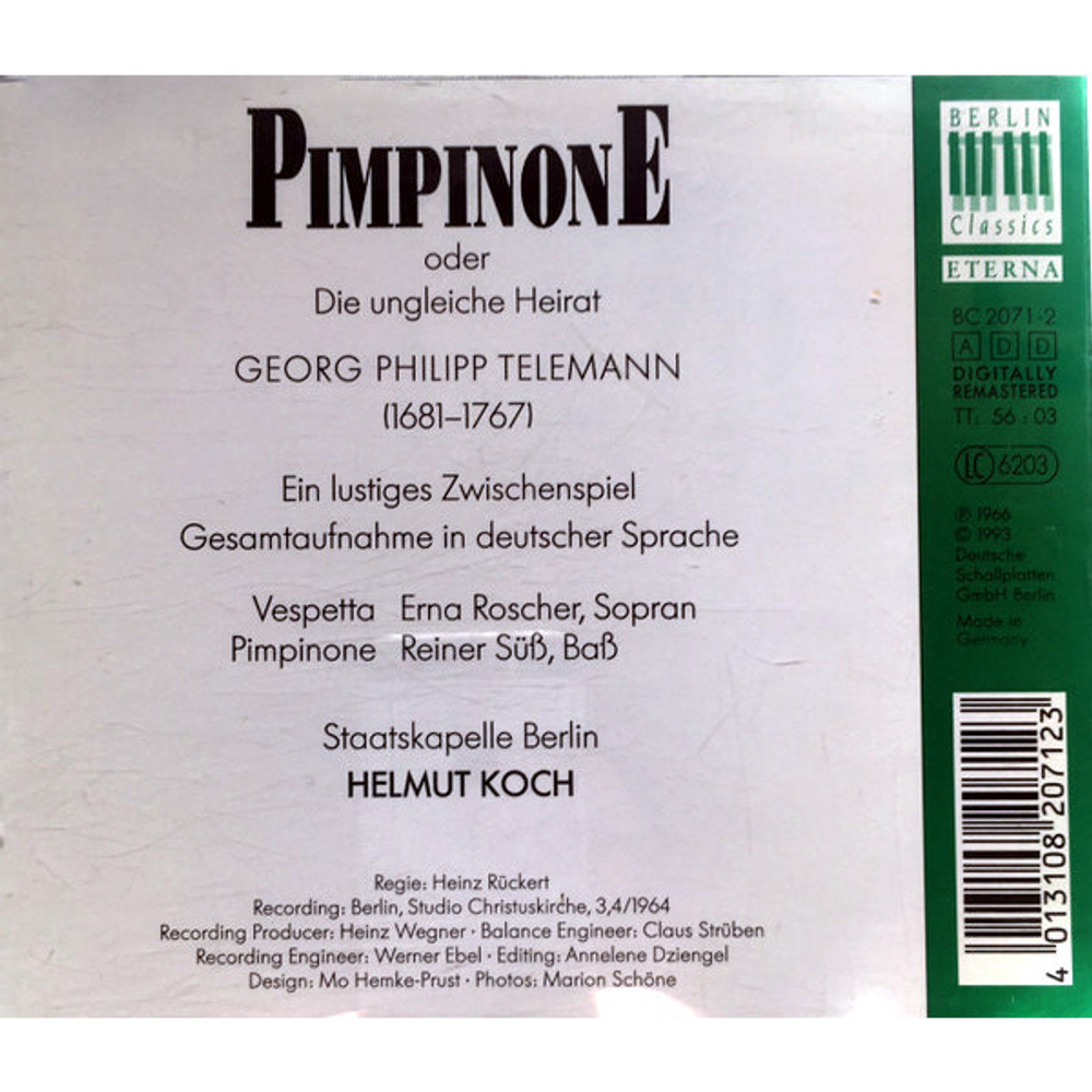 Erna Roscher, Reiner Zus, Staatskapelle Berlin, Helmut Koch / Georg Philipp Telemann: Pimpinone Oder Die Ungleiche Heirat (CD)