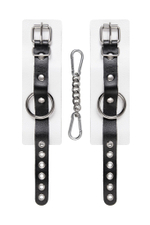 Бело-черные кожаные наручники с одним ремешком с люверсами