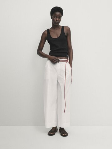 Massimo Dutti Хлопковые брюки карго оверсайз с эластичной деталью, белый