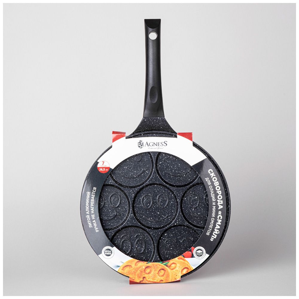 СКОВОРОДА AGNESS "СМАЙЛ" С АНТИПРИГАР."МРАМОРНЫМ" ПОКРЫТИЕМ, ДИА. 26.5 СМ.(КОР=6ШТ)