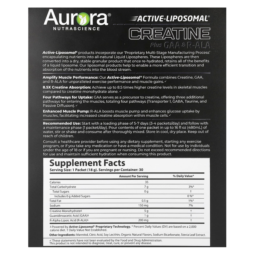 Aurora Nutrascience, Active Liposomal®, креатин с ГАК и R-ALA, 30 пакетиков по 18 г (0,63 унции)