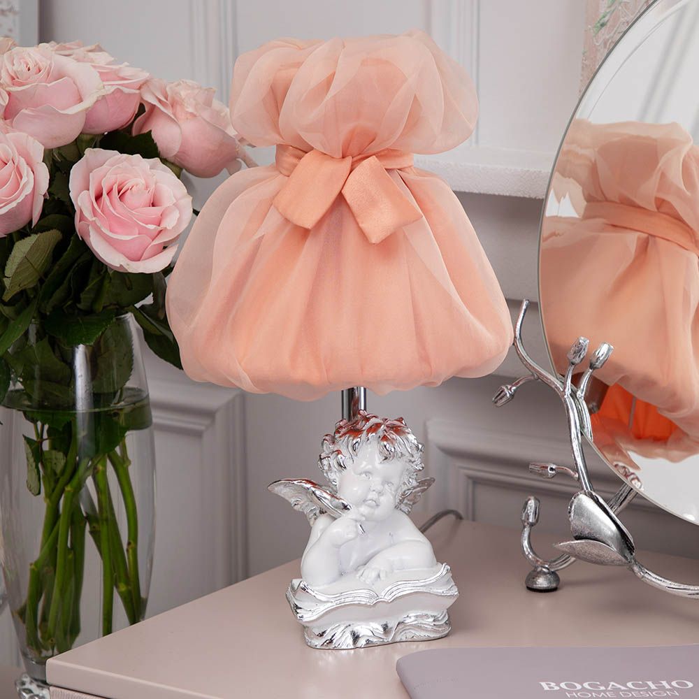 Настольная лампа Ангел Поэт Сильвер с абажуром Мадлен Пудровый