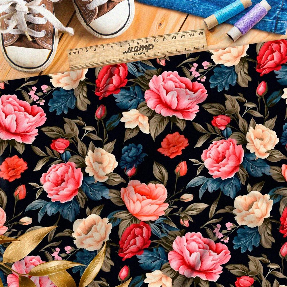 Ткань премиум габардин ночные розы
