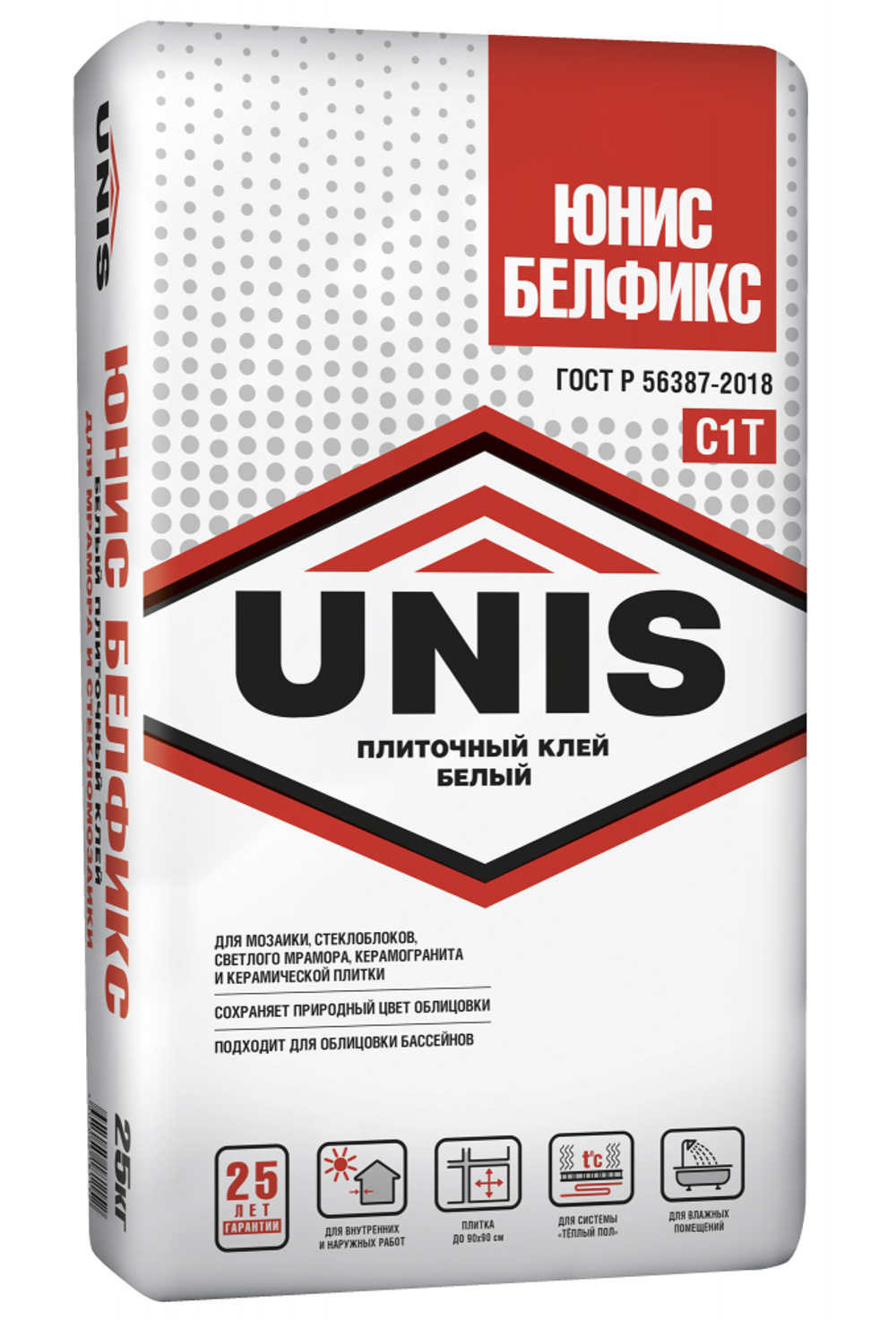 Клей UNIS БЕЛФИКС С1Т белый для стеклянной, мозаичной плитки и мрамора  25 кг