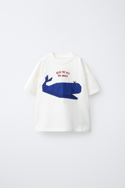 ZARA ФУТБОЛКА С НАШИВКОЙ «КИТ», БЕЛЫЙ