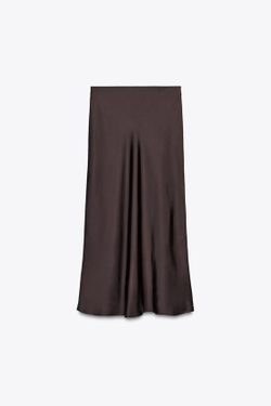 ZARA АТЛАСНАЯ ЮБКА МИДИ, ТЕМНО-БАКЛАЖАНОВЫЙ