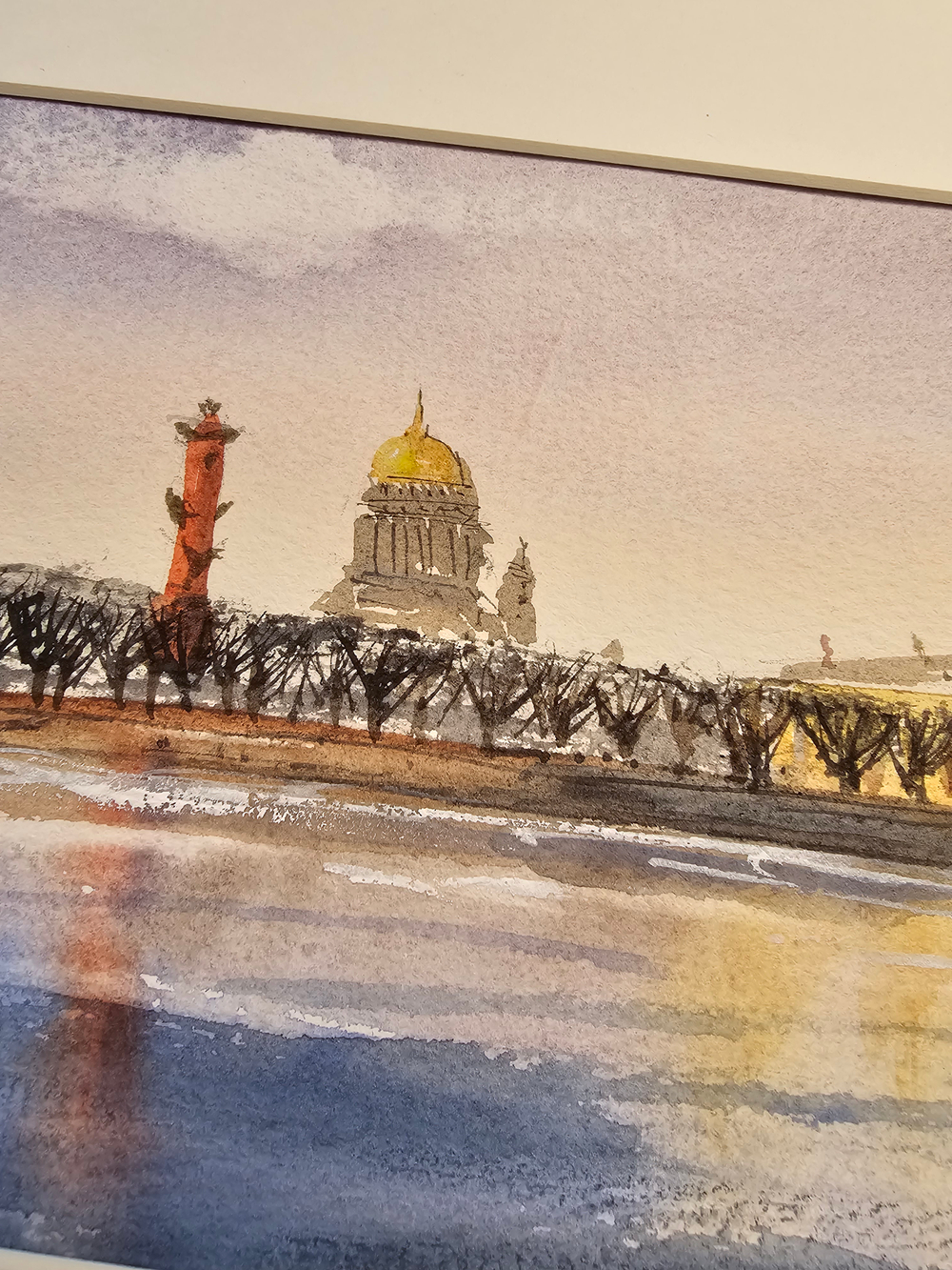 Картина авторская акварельная в раме 20х50 см на стену для интерьера "Весна на Ваське"