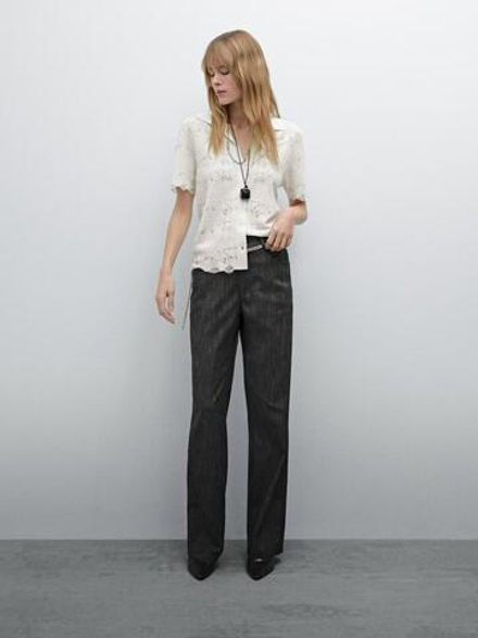 Massimo Dutti Кардиган из ажурного трикотажа с короткими рукавами, натуральный, кремовый