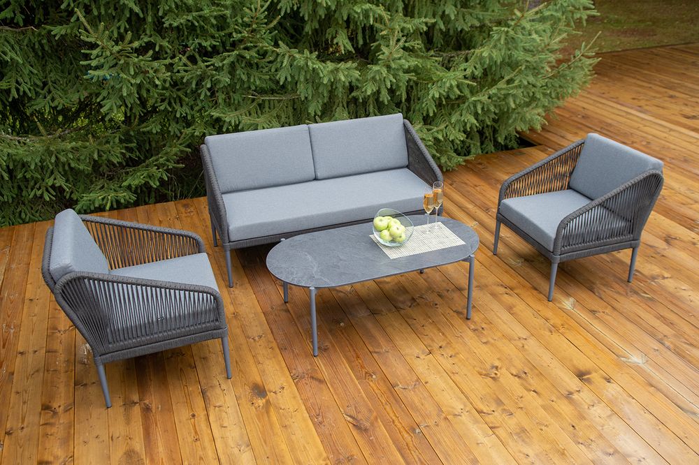 "Канны" лаунж-зона 4-местная (разборная) из роупа со столиком "Диего" цвета "серый гранит", роуп темно-серый круглый, ткань темно-серая