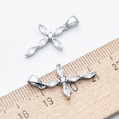 Подвеска Крест, цвет серебро (родий), фианиты, размер 22*14 мм, цена за 1 шт