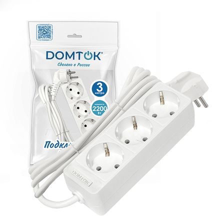 Удлинитель бытовой "DOMTOK" Лидер 3 гн, ПВС 3*0,75,2,2 кВт, з/к 3м (1/35)