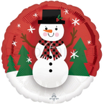 Фольгированная фигура, круг, Снеговик в котелке на красном S40,18"/46СМ