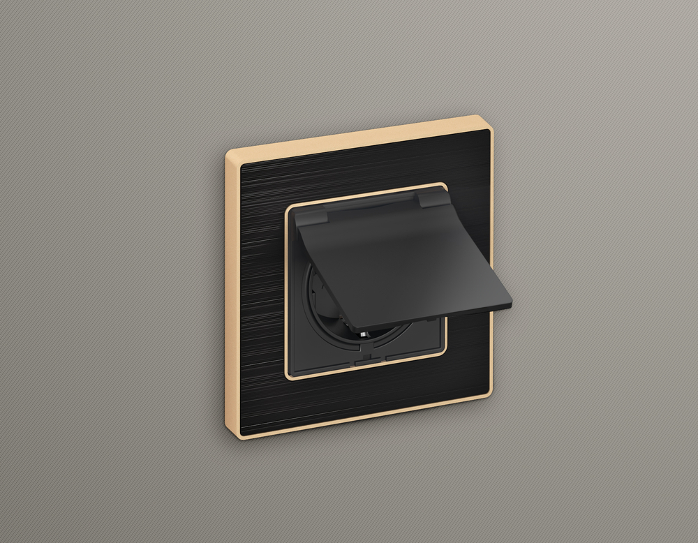 AP9080 Лицевая панель ALFA (Графит Мягкое касание) для электрической розетки с/з со шторками и крышкой IP44 QUANT