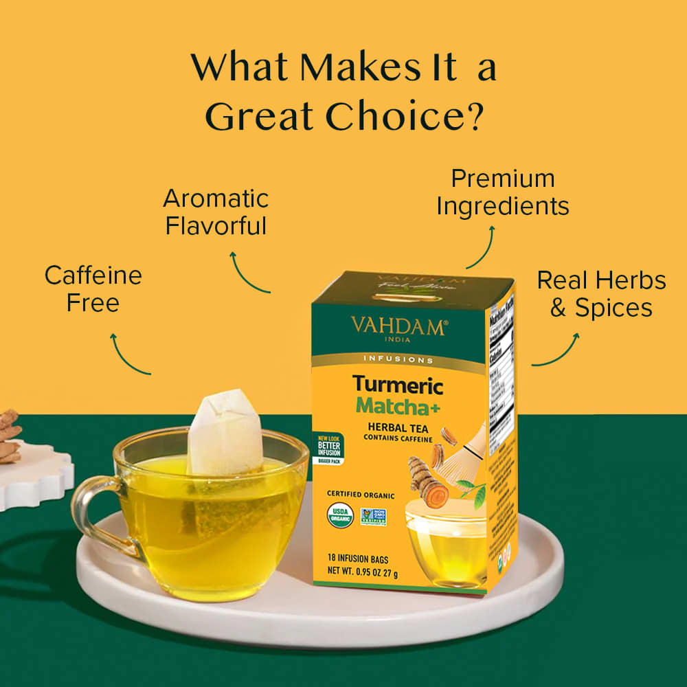 VAHDAM India, Infusions, травяной чай, куркума и матча, 18 пакетиков для заваривания, 27 г (0,95 унции)