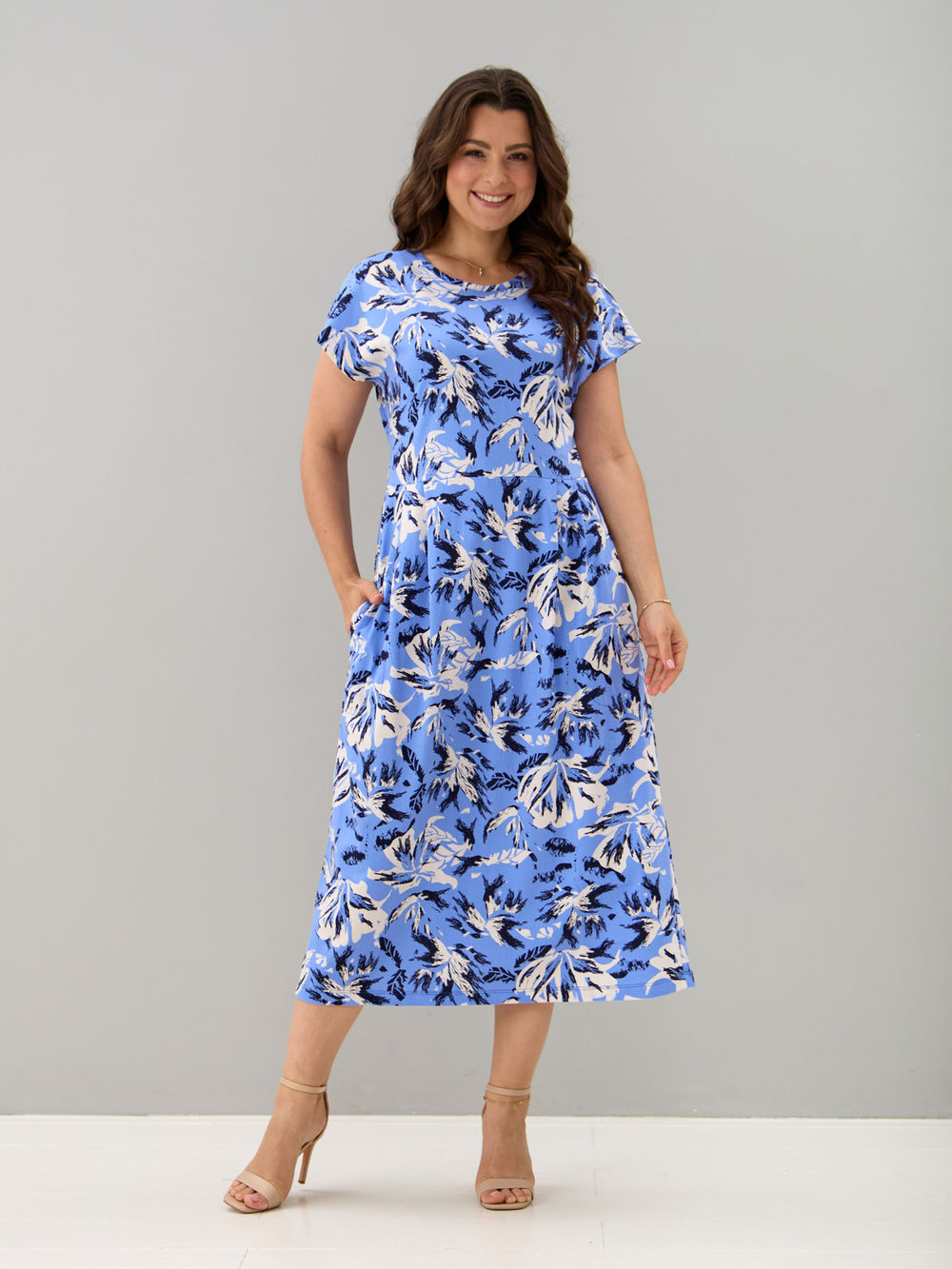 Платье П-026/небесный-экрюлистья