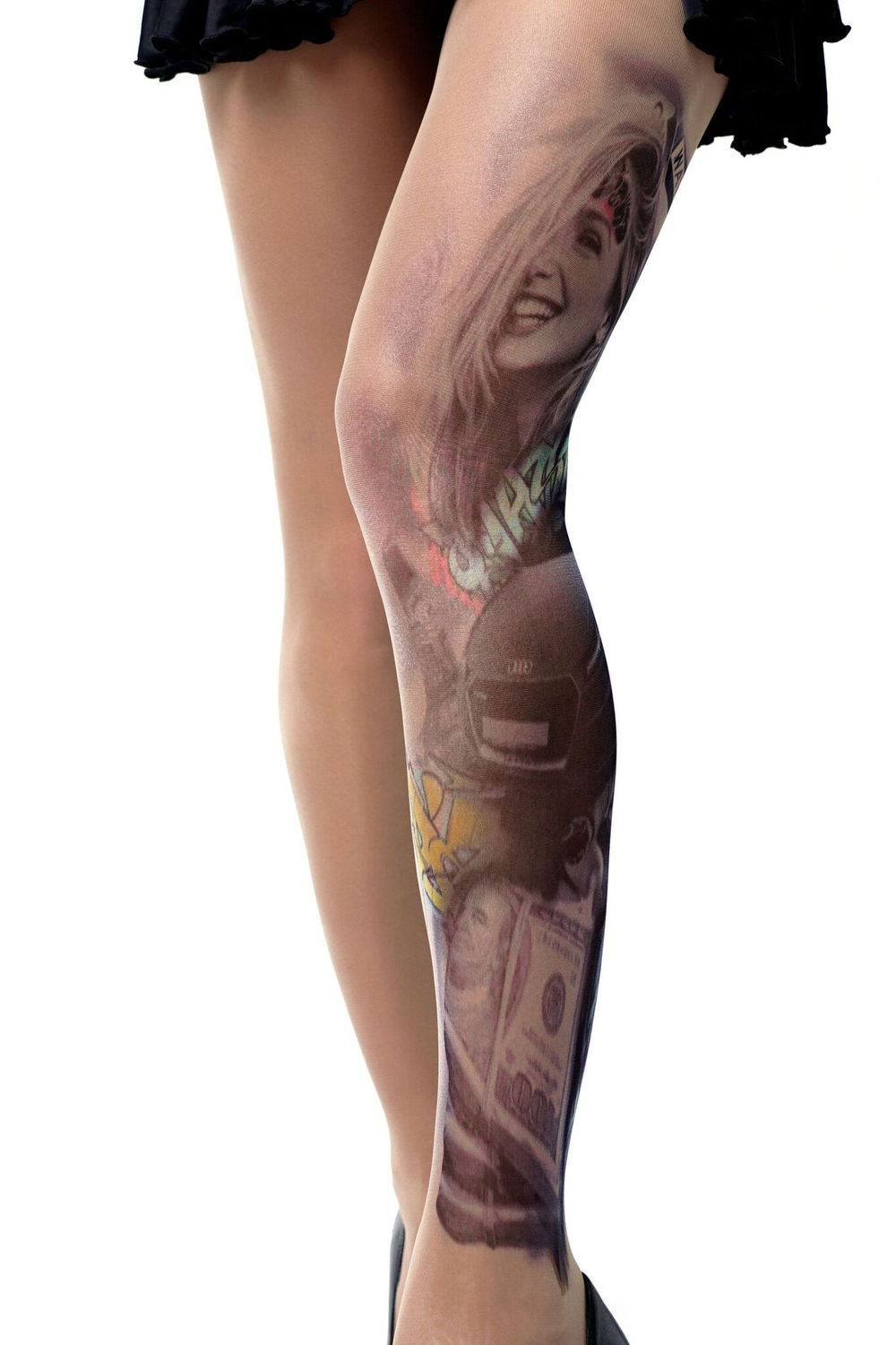 Колготки +size с имитацией тату в виде авто и девушки (Размер: XL-XXL-XXXL) (Цвет: бежевый)