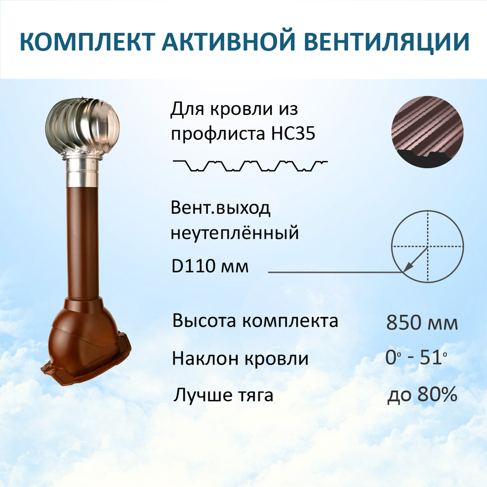 Турбодефлектор TD110 ОЦ, вент.выход 110 не утепленный, для кровельного профнастила 35мм, коричневый