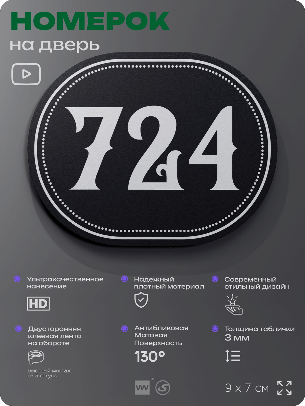 Номерок на дверь квартиры 724, для кабинета, офиса, шильдик 9 х 7 см, черный, Айдентика Технолоджи