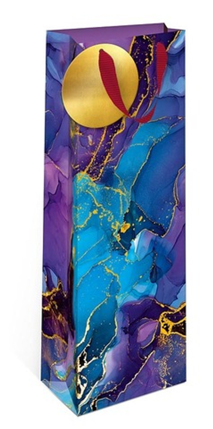 Пакет подарочный для вина, Мрамор, Золотой узор, Металлик, 36*12*9 см, 1 шт.
