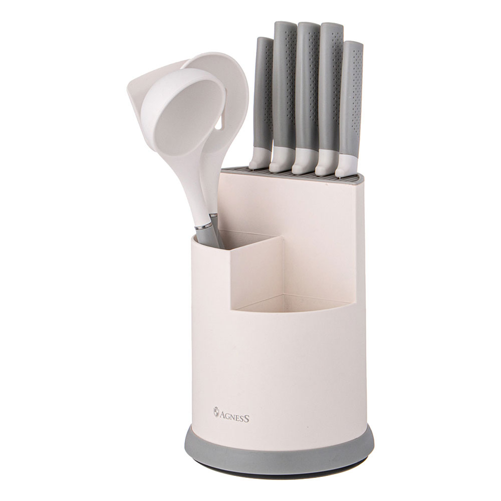 Набор ножей и кухонных принадлежностей 9 предметов, вращающаяся подставка, цвет серый, 671-211