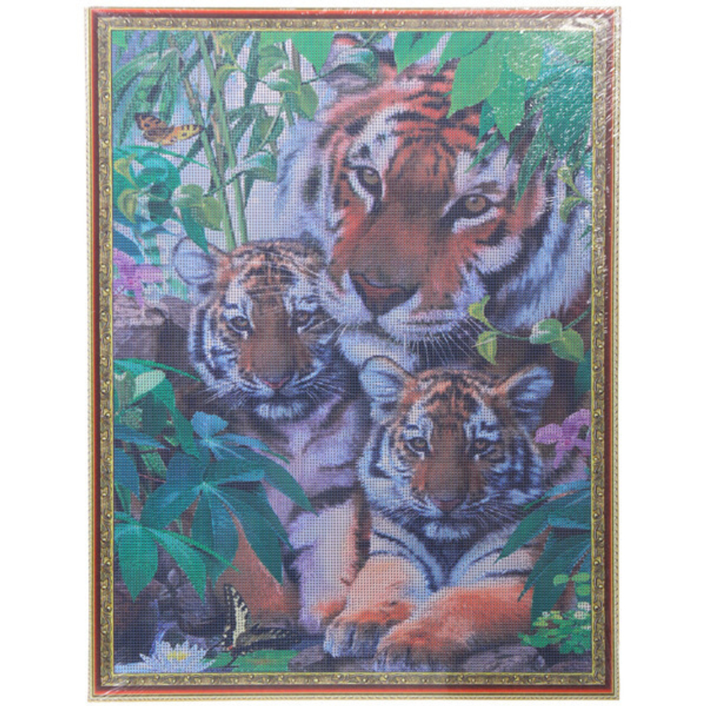 Алмазная мозаика на подрамнике с полным заполнением «МИР ЯРКИХ КРАСОК», семья тигров, 50*65см